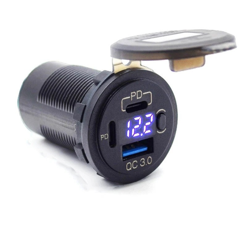 Bluejw Dual USB Quick Charge 3.0 Car Charger with PD USB-C, On/Off Switch, Voltmeter & Blue Light + Wireless Charger Adapter (12V, 220V) - Automobile Chargers - Image 2